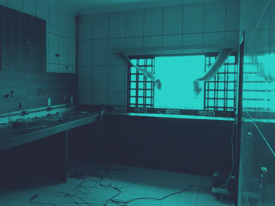 Cozinha e refeitório da segunda sede ainda em montagem, com bancada e armários instalados